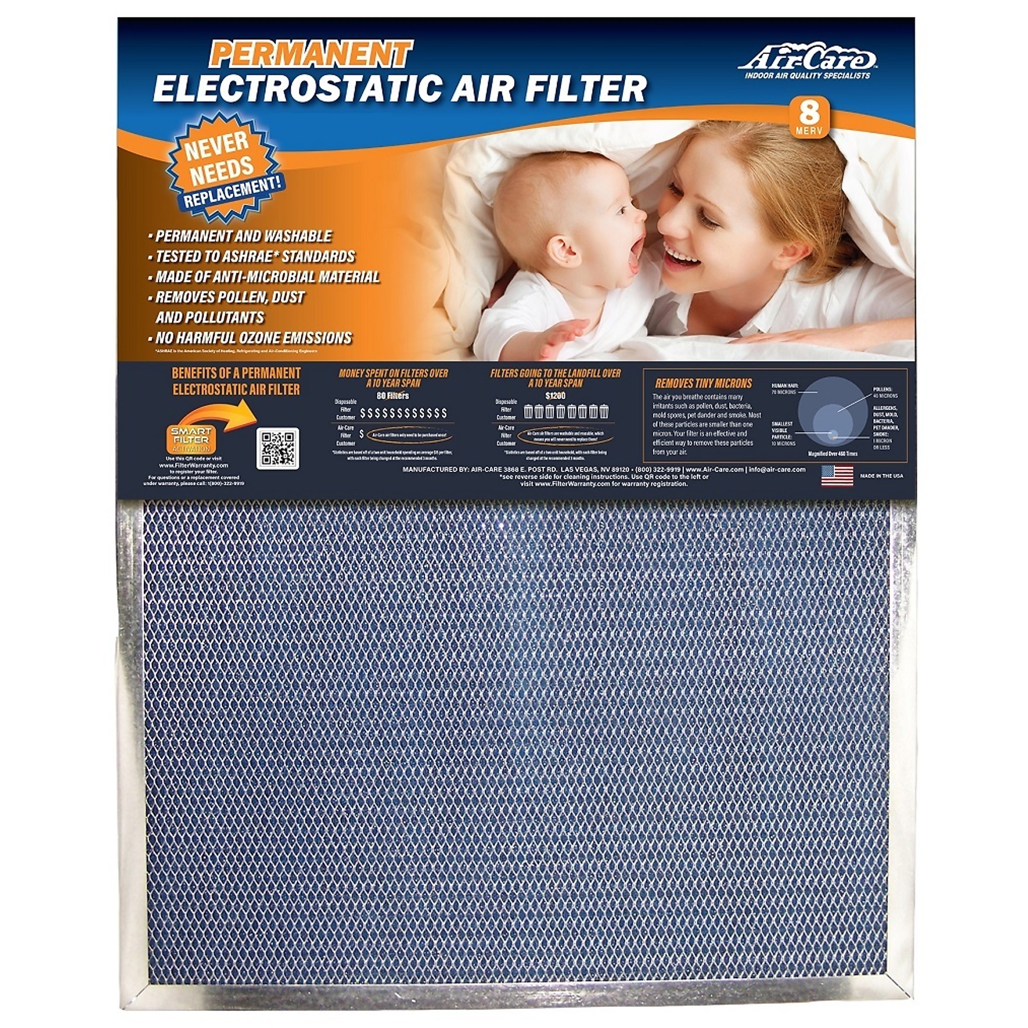 Air-Care, Washable Electrostatic Air Filter, Width 16 in, Height 30 in, Filters (qty.) 1 Model# ES16301